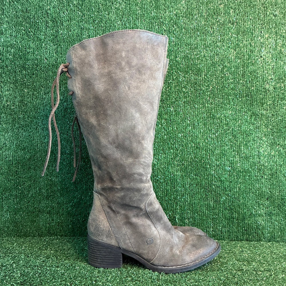 Born Felicia Distressed Suede Back Lace Block Heel Knee High Boots Grey Womens 8